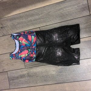 Girls Gymnastics Biketard 5T Swirly Pink Black Unitard Dance Leotard EUC
